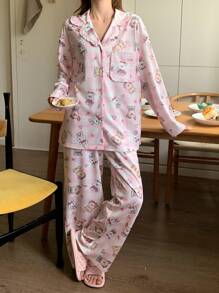 DAZY Cute Plaid & Cartoon Full Print Pajama Set - Pink - View 7