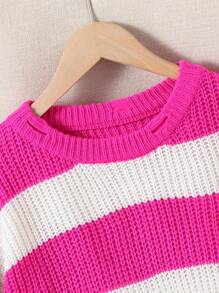 SHEIN Teenager Mädchen Street Cool Herbst/Winter Strickpullover, Mode Neu Flach, Fuchsia und Weiß Kontrastfarbe zeigt Charme, Street Cool Vibe kurz, locker sitzend, bequem, lässiges zerfranstes Persönlichkeit Rundhals Strickpullover kann mit Jeans und Röcken kombiniert werden, Weiche Stoffe schmeicheln der Haut der Mädchen. Geeignet für verschiedene Anlässe wie Zuhause, Reisen, Einkaufen, Treffen, Ausgehen mit Freunden, Partys, Präsentation des ICON-Charmes