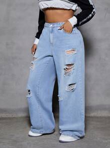 SHEIN ICON Plus Size Women Casual Distressed Denim Jeans - Blue - View 6