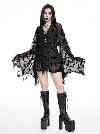 Sexy durchsichtige, lässige Gothic-Strickjacke mit Spinnennetz-Netzbeflockung und Schleifendekor für Damen