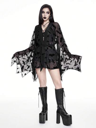 Sexy See-Through Casual Gothic Cardigan With Spider Web Mesh Flocked Bowknot Decor Women Top
