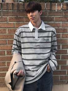 DAZY 男士休闲灰色条纹长袖 Polo 衫，秋季服装 - 彩色 - 查看 1