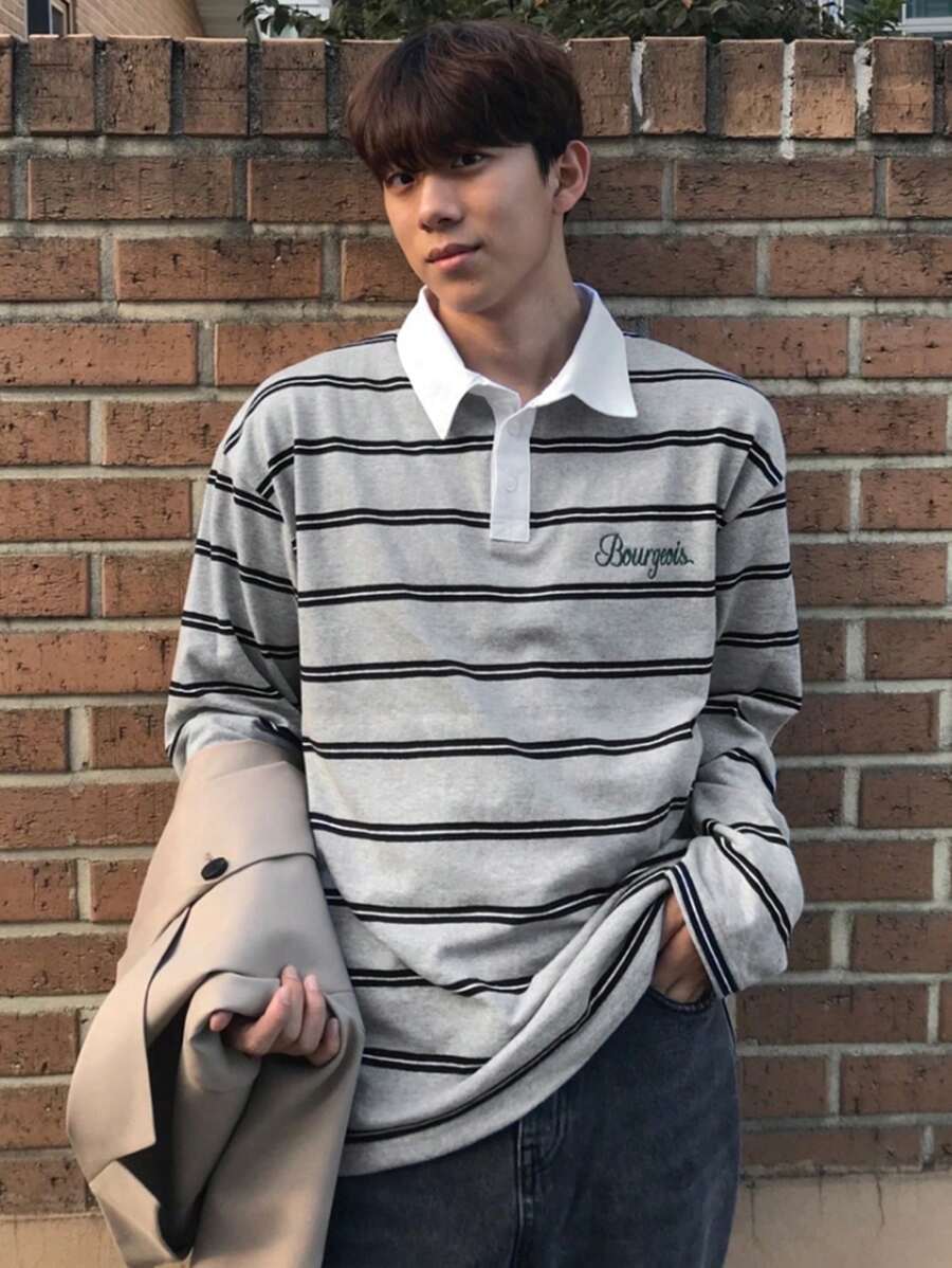 DAZY 男士休闲灰色条纹长袖 Polo 衫，秋季服装 - 彩色 - 查看 1