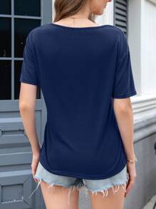 SHEIN Women Summer Solid-Color V-Neck Short-Sleeve Casual T-Shirt - Blue - View 2