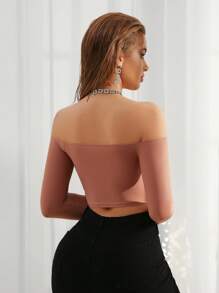 女士露肩长袖短款纯色打底上衣 - 紅木色 - 查看 2