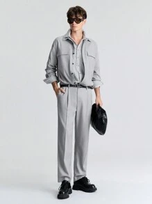 Ontre Men's Spring Gray Long Sleeve Pocket Casual Loose Shirt, And Versatile For Business, Commuting, New Year Party