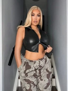 Flirla Veste grande taille pour femme sans manches à col montant sexy avec double fermeture éclair, style ourlet asymétrique