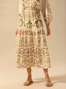 CAJUNI 女士波西米亚风热带芙蓉、椰子树、蛇纹植物印花度假休闲海滩宽松半身裙 - 彩色 - 查看 4