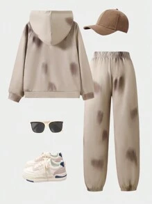 2pcs/Set Tween Girls Wasteland Streetwear Casual Hooded Sweatshirt And Pants Set, Suitable For Outdoor Streetwear, Spring/Autumn - Khaki - View 2