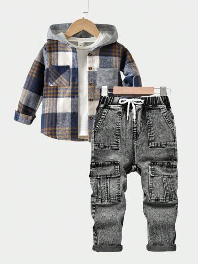 SHEIN Young Boy Waist Tie Cargo Pocket Casual Denim Jeans