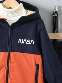 2pcs Boys Autumn/Winter Letter Print Color Block Zipper Hoodie Jacket And Pants Set - Multicolor - View 4