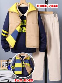 SHEIN Explorewe 2 pièces/Set Style universitaire américain décontracté pour pré-adolescents, ensemble 3 pièces - gilet réversible à rayures, sweat-shirt manches longues imprimé lettres et pantalon en velours côtelé, adapté pour l'automne et l'hiver - Multicolore - Voir 9