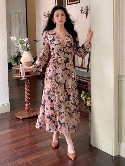 DAZY Women V-Neck Allover Floral Print Casual Long Sleeve Dress,Ruffle,Fall Dress Vacation Outfits Women