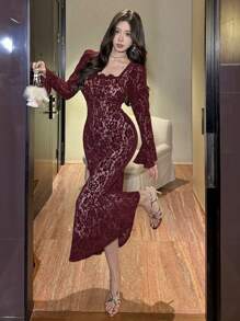 DAZY 女士中长裹身蕾丝连衣裙，春秋季优雅正式女装长袖连衣裙奢华红色女装舞会礼服新年女装情人节嘉年华 - 酒紅色 - 查看 4