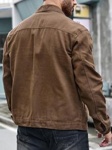 Manfinity Homme 大码男式前拉链长袖口袋休闲牛仔夹克 - 咖啡棕 - 查看 2