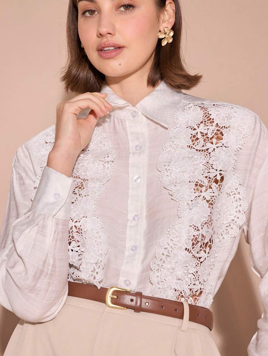 Enchnt 女式秋季撞色蕾丝落肩长袖单排扣衬衫 - 白色 - 查看 1