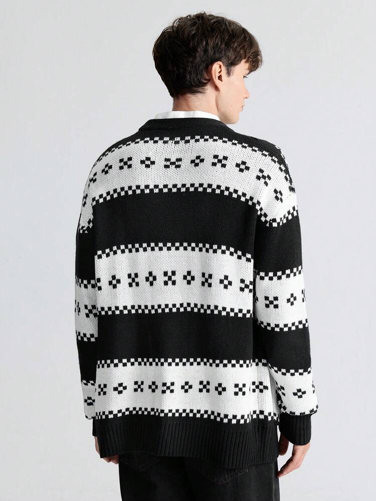 Men's Winter Jacquard Oversized Front Button Long Sleeve Casual Cardigan Sweater, Minimalist Style, Suitable For Thanksgiving, New Year Party, Fashion