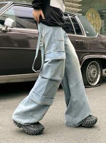 SHEIN Retro Vintage Blue Denim Loose Cargo Pants For Teenage Boys