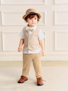 Souflis Souflis 3pcs/Set Infant Baby Boys Gentleman Outfit - Polo Collar Short Sleeve Cardigan, Waistcoat V-Neck Striped Sleeveless, And Long Trousers'