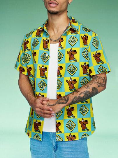 SCOOBY-DOO X SHEIN Men Casual Slim Plaid Short Sleeve Shirt