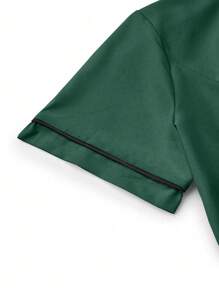 SHEIN TaskFit 2 件套撞色边饰休闲短袖上衣和纯色长裤制服套装，手术服套装 - 墨綠色 - 查看 5