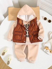 SHEIN 3pcs Baby Boy Khaki Thick Padded Coat, Vest And Hoodie Sweatshirt With Letter Print, And Casual Pants Set For Autumn And Winter, Suitable For Everyday Wear And Outdoor Play - Khaki - View 5