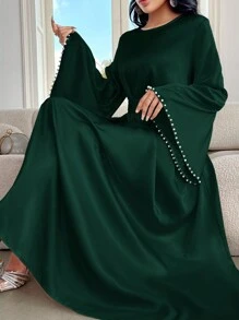 Al Najma 女士优雅纯色喇叭袖长裙，春/夏，朴素优雅的 A 字型阿拉伯连衣裙，适合晚会/婚礼嘉宾/周年纪念/日常穿着 - 軍綠色 - 查看 1