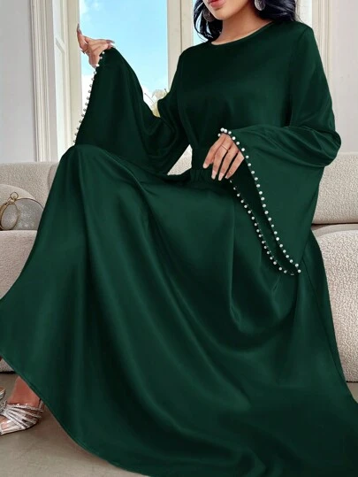 Al Najma 女士优雅纯色喇叭袖长裙，春/夏，朴素优雅的 A 字型阿拉伯连衣裙，适合晚会/婚礼嘉宾/周年纪念/日常穿着