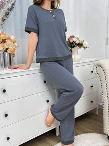 Contrast Color Patchwork Button-Up Round Neck Short Sleeve Casual Jacquard Women Loungewear Set