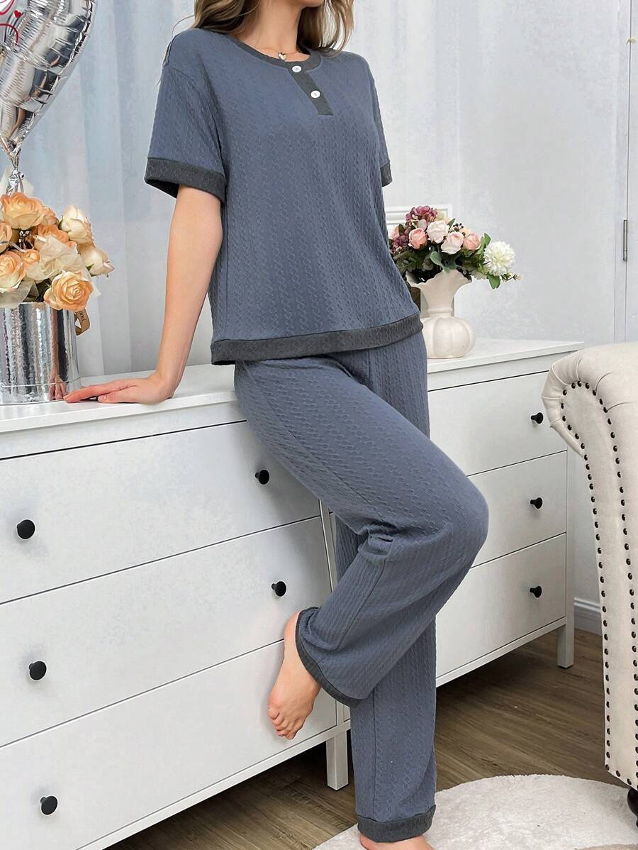 Contrast Color Patchwork Button-Up Round Neck Short Sleeve Casual Jacquard Women Loungewear Set