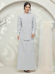 Veilorie Baju Kebaya Black & White Striped Women's Long Blouse And Skirt Two-Piece Set Modest