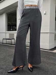 Chiquease Quần ống rộng ống loe cạp chun đính sequin túi thật cho nữ - Màu xám đen - Xem 7