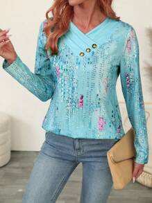 EMERY ROSE 女式秋季长袖印花拼接V领褶皱超长休闲T恤图案T恤女式春季上衣