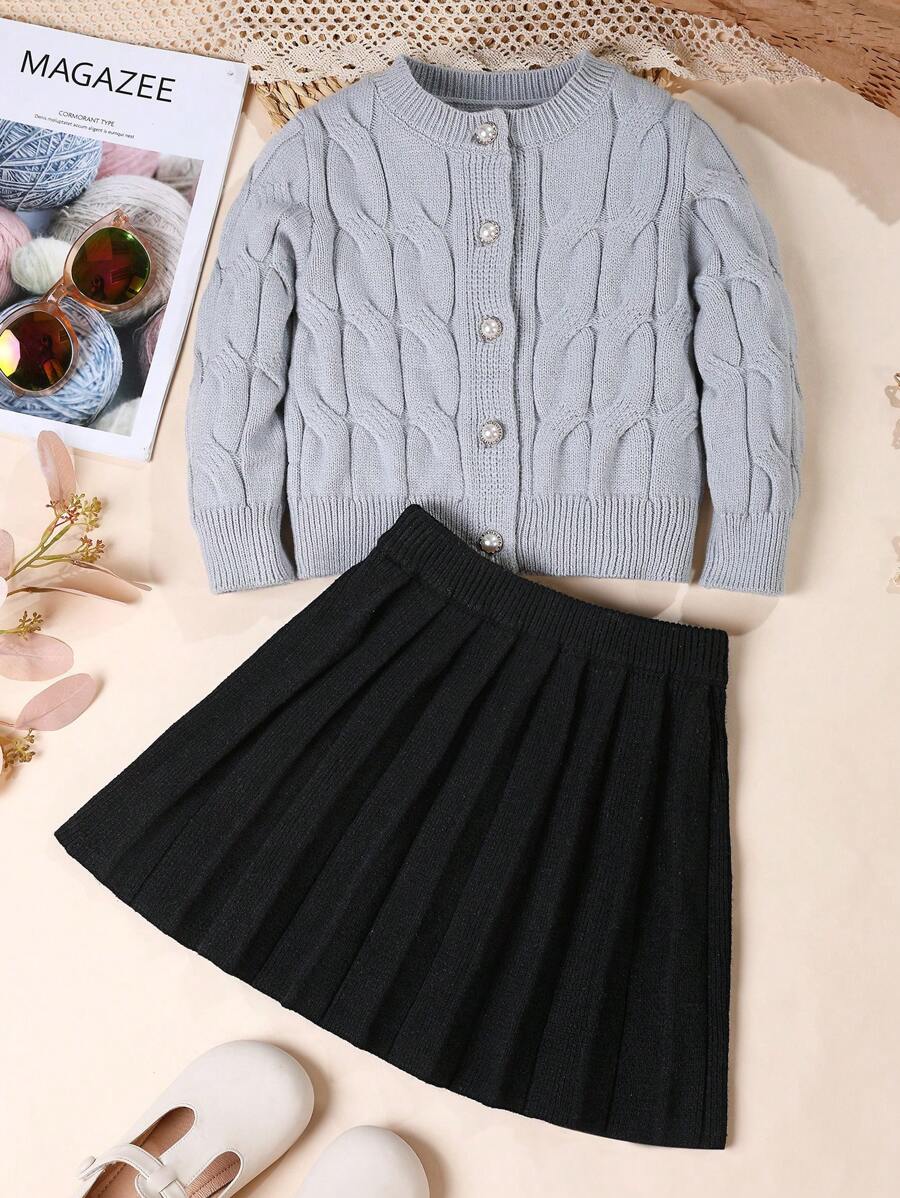 SHEIN Young Girl's Cable Knit Long Sleeve Button-Up Cardigan Set, Casual School Uniform For Autumn, Suitable For Home, Outing, Gathering, And Back To School - Grey - View 1