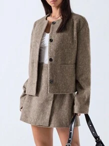 LYSMO Abrigo de cuello redondo de lana para mujer, otoño/invierno, para Ramadán - Marrón - Ver 4