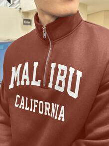 Aesthetic Post--Loose Fit Men's Letter Graphic Half Zip Drop Shoulder Sweatshirt - Brown - View 5