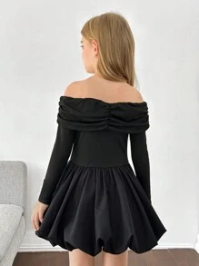 SHEIN Tween Girls Knitted Woven Patchwork Solid Color Off Shoulder Long ...