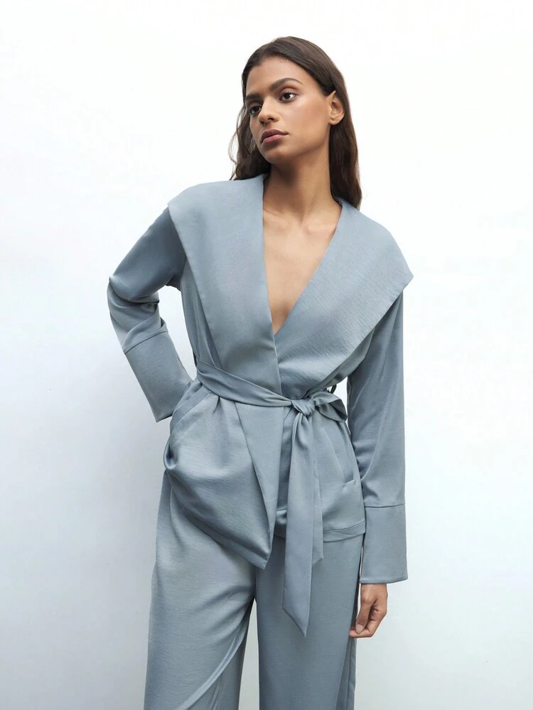 SHEIN Maija Women Elegant Solid Color Hooded Cross Wrap Belted Long Sleeve Top And Full Length Pants Sleepwear Set, Autumn/Winter