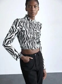 Maija Women's Autumn/Winter Stylish Zebra Stripe Print Gigot Sleeve Cropped Shirt Blouse - Black - View 6