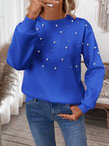 SHEIN LUNE Drop Shoulder Pearls Beaded Pullover - Royal Blue - View 5