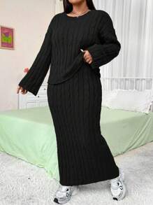 Flirla Plus Size Vintage Knitted 2Pcs Set, Pullover Sweater And Fitted Skirt For Fall/Winter - Black - View 1