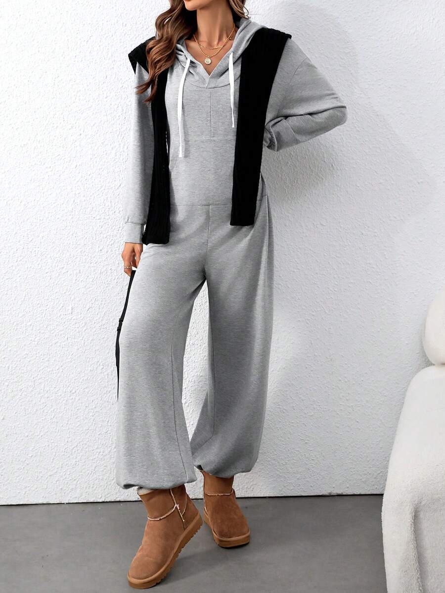 INAWLY Mono informal de mujer con capucha con cordón, unicolor, para otoño/invierno - Gris - Ver 1
