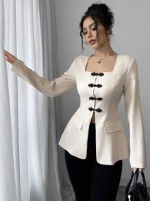 Selianne 女士优雅休闲/办公装方领收腰 A 字形装饰口袋前开撞色纽扣长袖衬衫，春/秋 - 杏色 - 查看 6