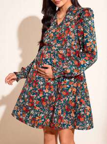 SHEIN Maternity Casual Floral Notched Neck Mini Dress For Autumn - Multicolor - View 1