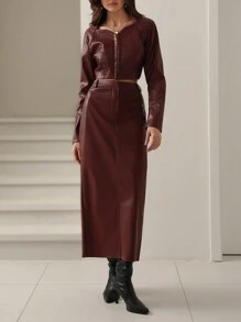 Aveloria Modichic Conjunto de 2 piezas de moda de otoño con chaqueta simple de PU y falda larga para ropa de fiesta de vacaciones