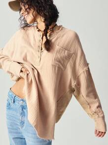 Bohemela Camisa maxi de manga larga con botones, de corte holgado y unicolor, para mujer