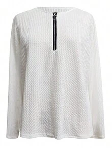 INAWLY Women's Casual Solid Color Front Zipper T-Shirt, Versatile For Autumn - White - View 3