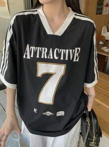 DAZY 女士休闲撞色条纹字母数字印花 V 领短袖 T 恤超大 T 恤