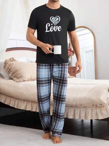 Manfinity Heart Grid Print Short Sleeve & Pants Men Pajama Set - Multicolor - View 2