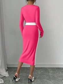 Elenzga Square Neck Splice Contrast Color Bodycon Sexy Women Dress Maxi Women Outfit - Hot Pink - View 2